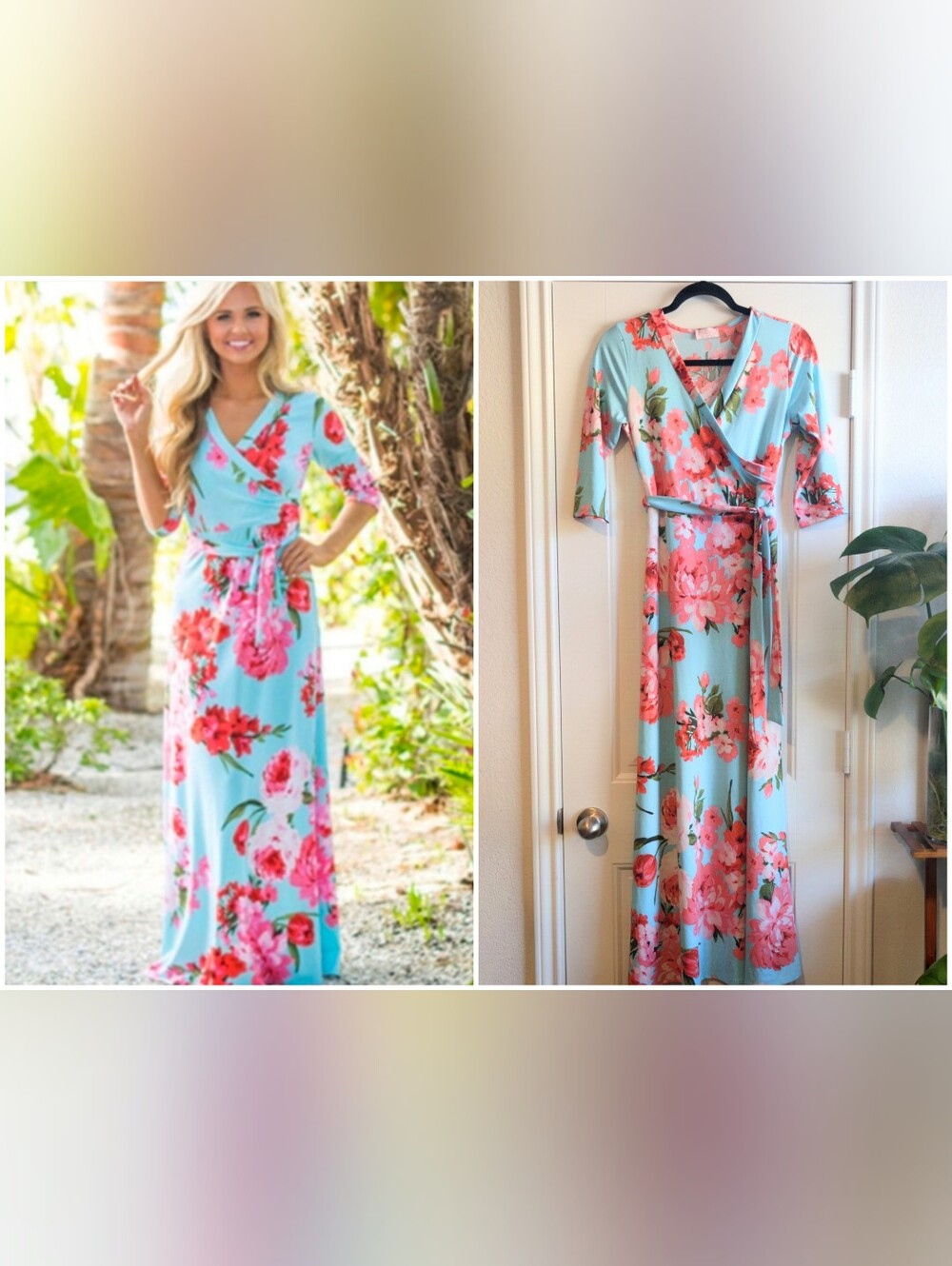 Pink Lily Floral Wrap Maxi Dress in Aqua and Coral